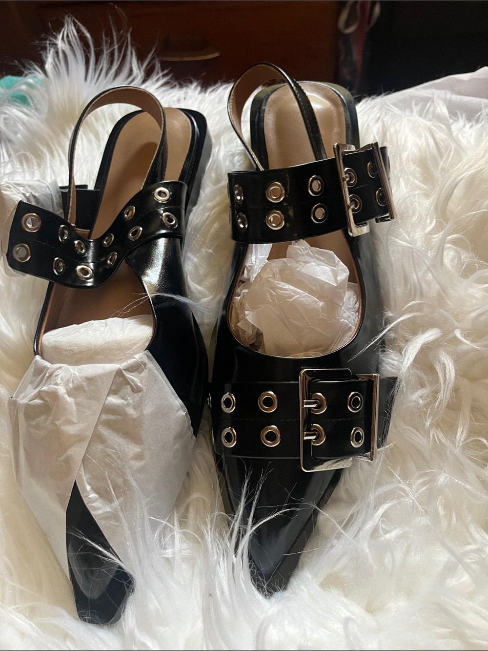Black Patent Buckle Grommet Slingback Flats